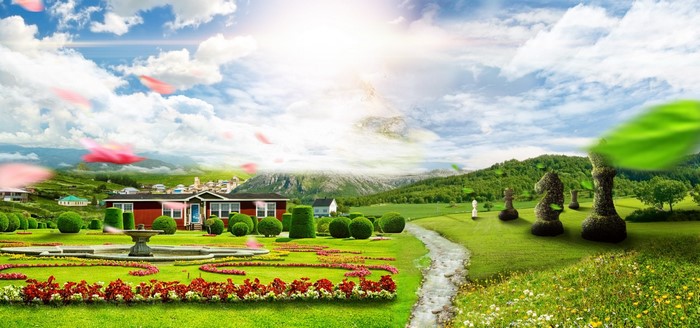 Digital art landscape with house, garden, and chess pieces