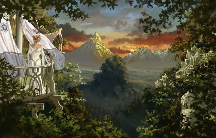 Fantasy girl on balcony overlooking mountains at sunset