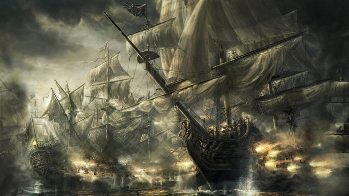 Naval battle with sailing ships in stormy seas