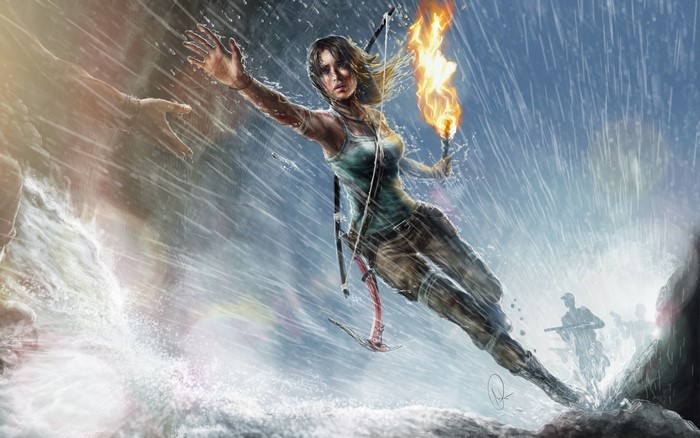 Lara Croft in a storm with a torch
