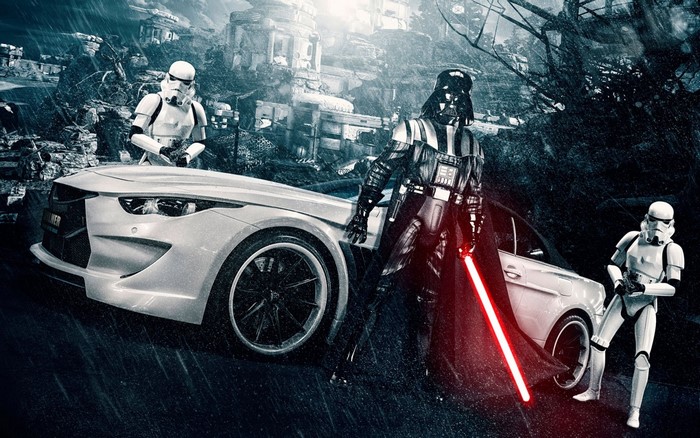 Darth Vader and Stormtroopers with a BMW supercar