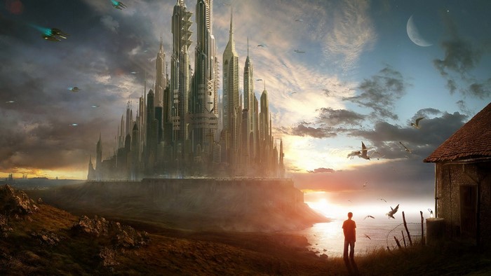 Futuristic city on a cliff at sunrise with flying vehicles