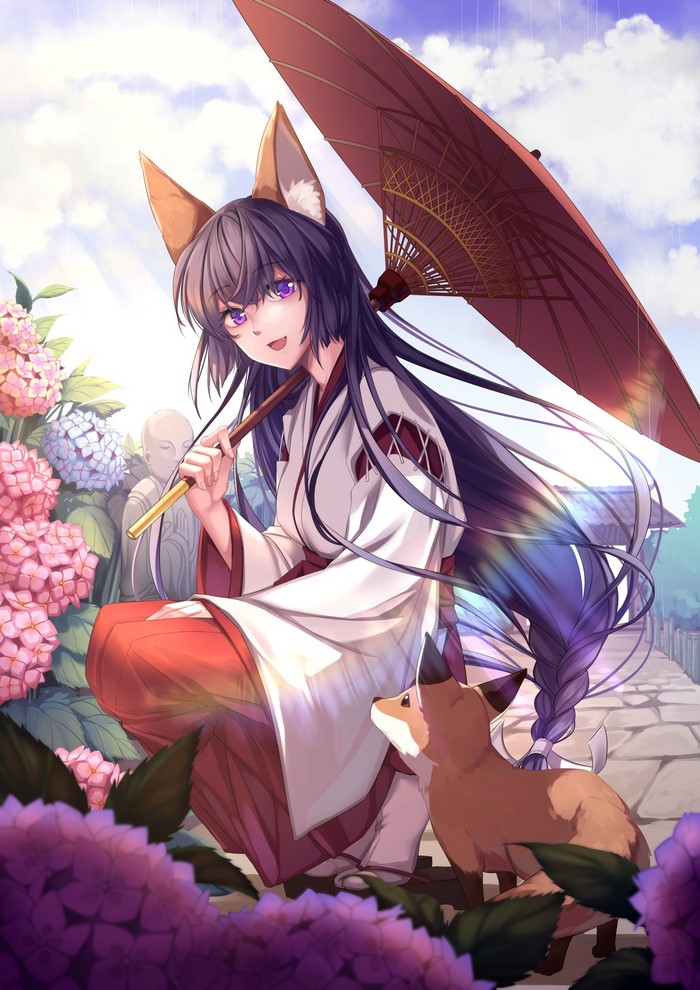 Anime girl with fox ears holding an umbrella