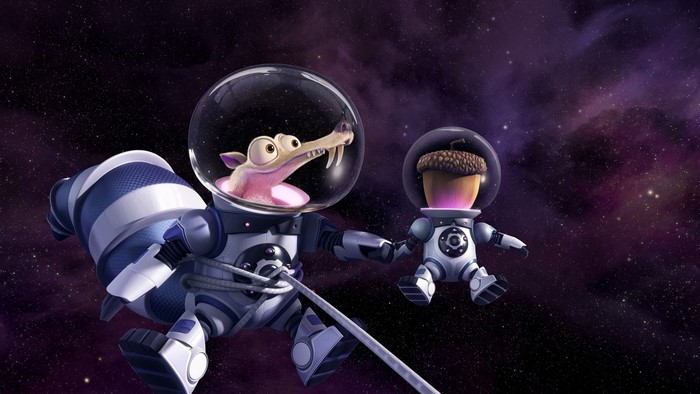 Scrat and an acorn in space suits