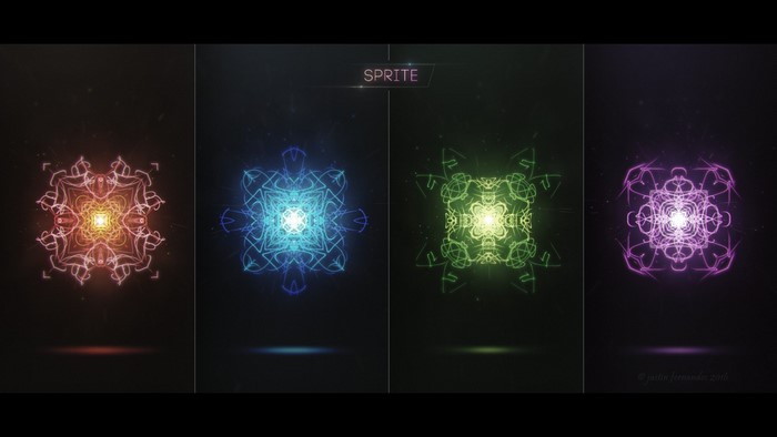 Four glowing abstract sprites in different colors