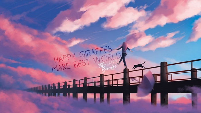 The Happy Giraffe: A girl and cat on a bridge in the clouds
