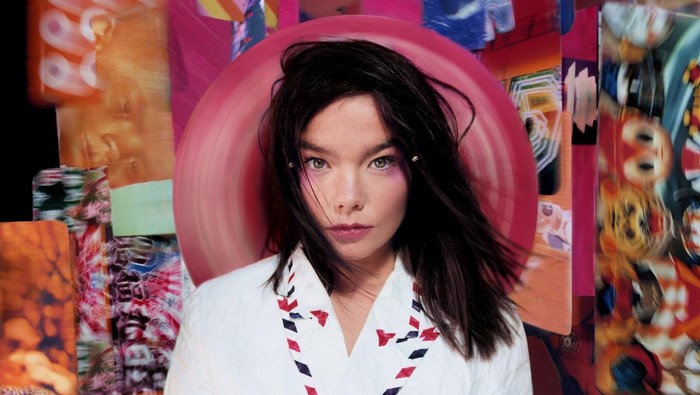 Björk in a white jacket with red and blue trim