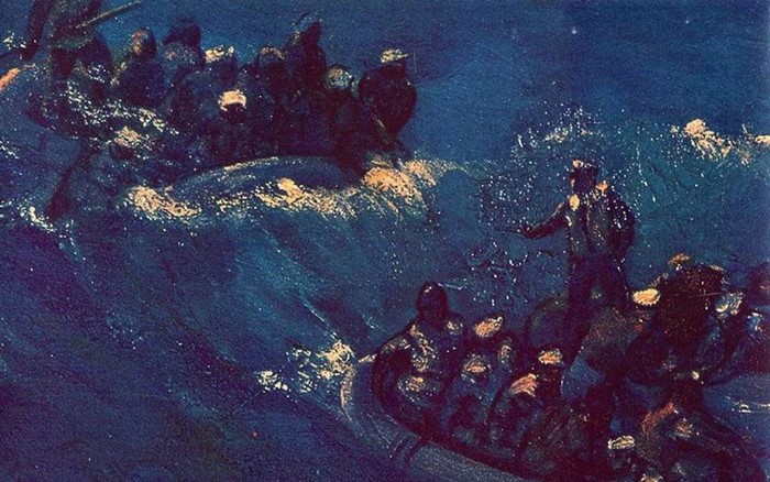 Painting of people in a boat in rough seas