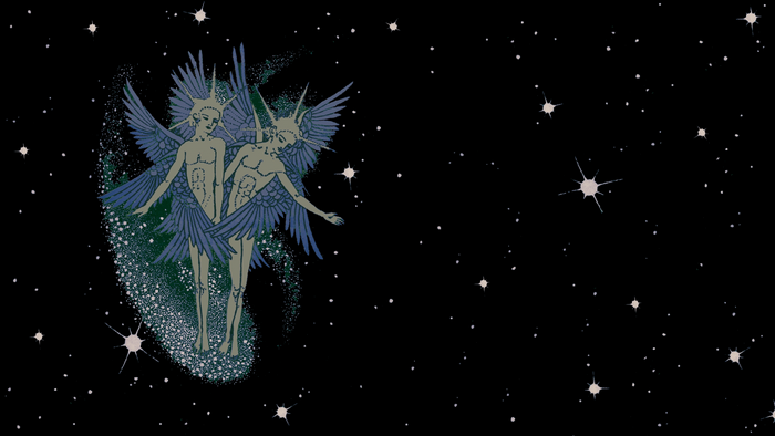 Two winged figures in space with stars