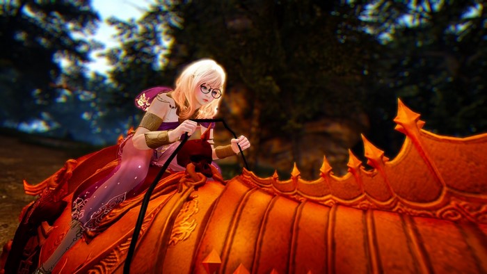 Girl in costume riding a decorative carriage in Black Desert