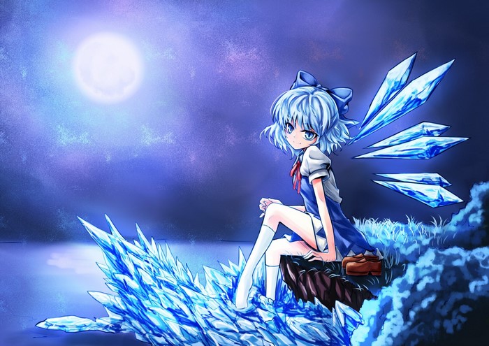 Cirno from Touhou sitting on ice under the moon