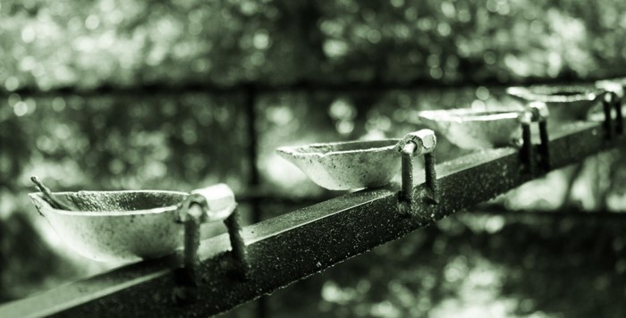 Row of oil lamps on a metal rack