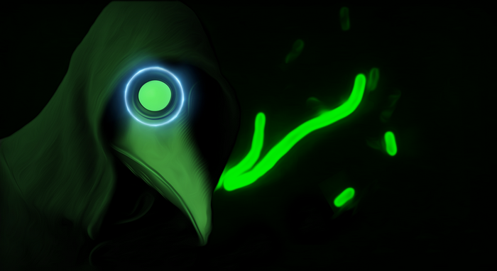 Plague doctor with glowing green eye and particles