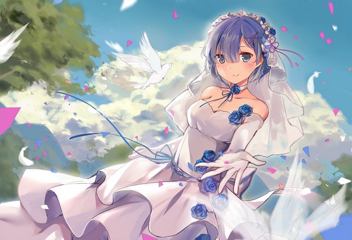Rem from Re:Zero in a wedding dress with doves