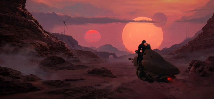 Science fiction artwork of a person on a vehicle on a rocky planet