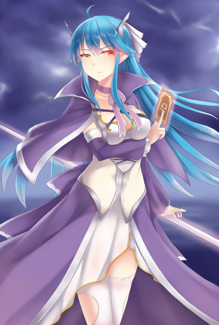 Anime girl with blue hair and red eyes holding a card