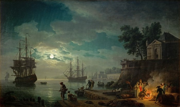 Moonlit Harbor Scene with Ships and Figures by Claude Joseph Vernet