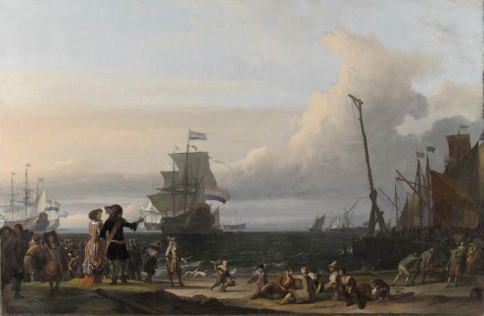 Ships and people on the coast of the Netherlands