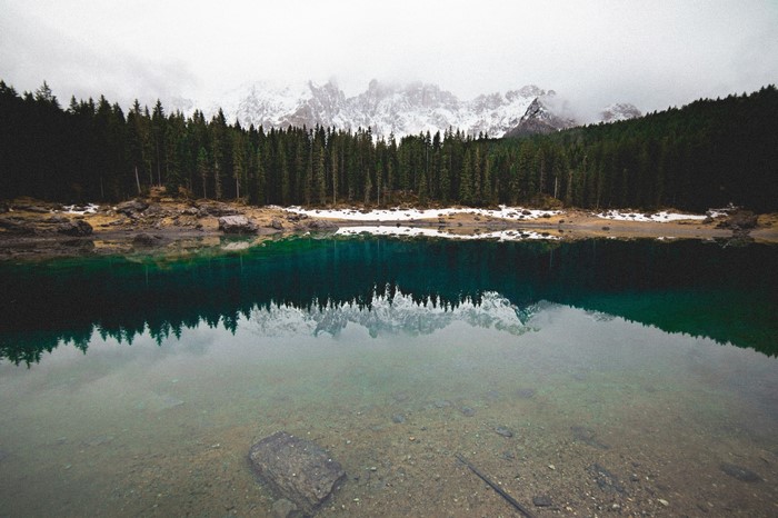 Lake reflection of pine forest and snow-capped mountains