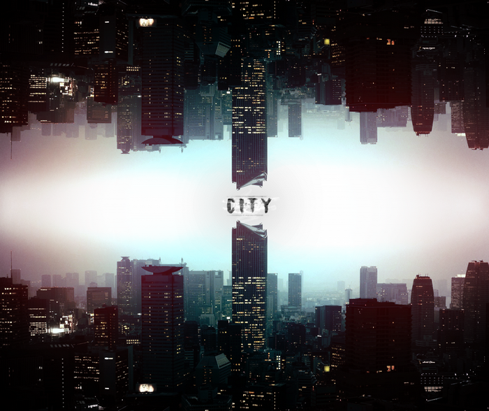 Cityscape with inverted skyscrapers and the word CITY
