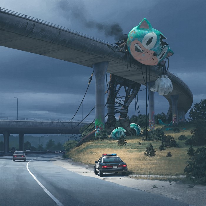 Giant broken robot on a highway overpass