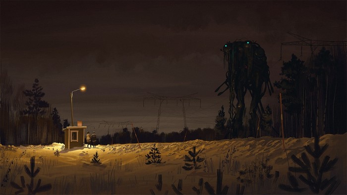 Giant mechanical creature in a snowy landscape at night