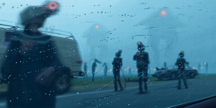 Figures in a rainy landscape by Simon Stalenhag