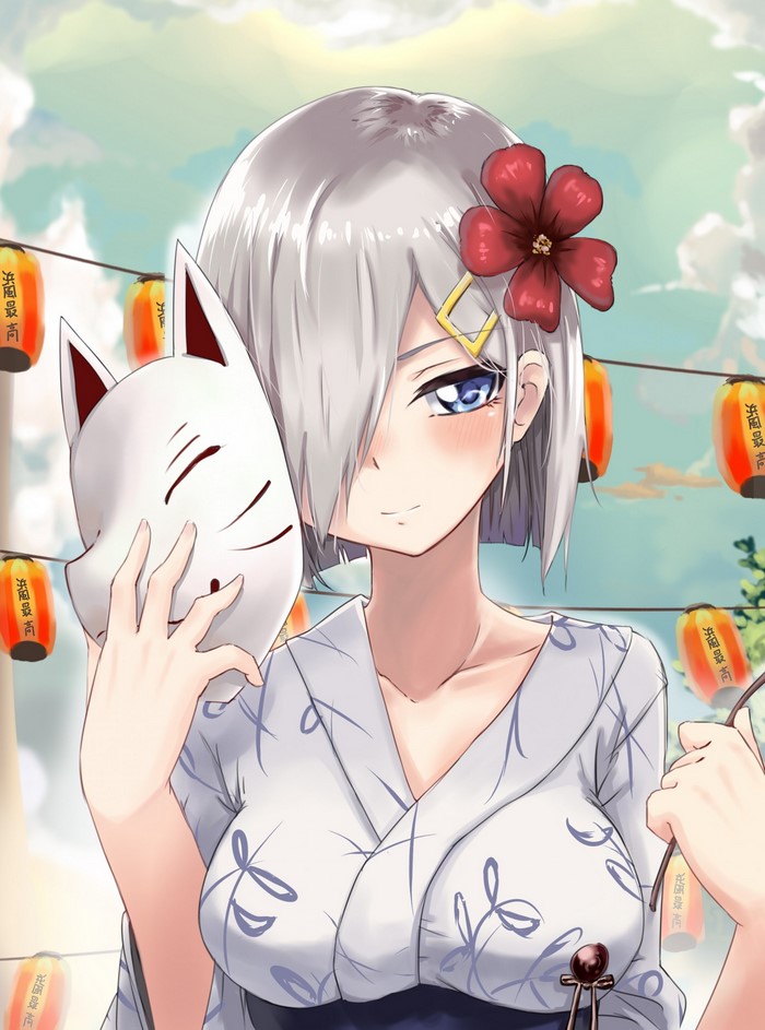 Hamakaze from Kantai Collection holding a Kitsune mask