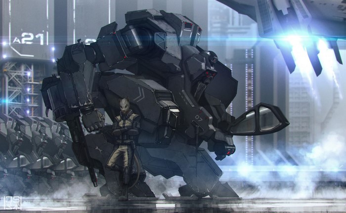 Furry pilot in a mech with a fighter jet overhead