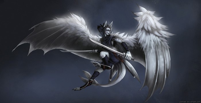 Furry character with wings and swords