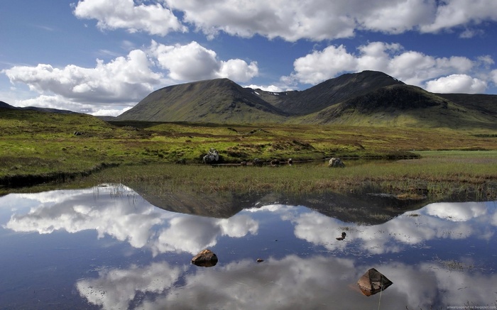 Reflection of mountains and clouds in a calm lake