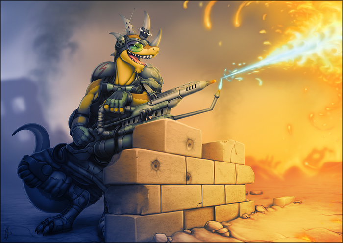 Anthro lizard-like creature with flamethrower behind bricks