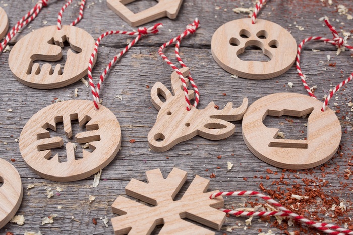 Wooden Christmas Ornaments with Red and White String