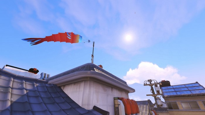 Overwatch Hanamura map with a kite in the sky