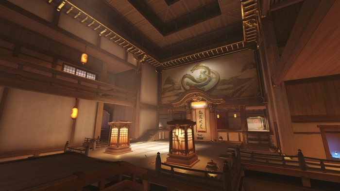 Hanamura Overwatch map interior with dragon mural