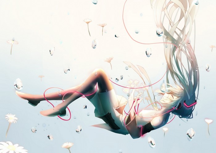 Hatsune Miku underwater with flowers and bubbles