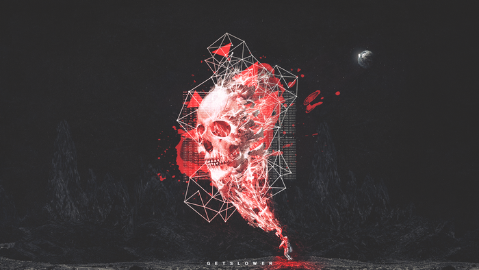 Red skull exploding with binary code and geometric shapes