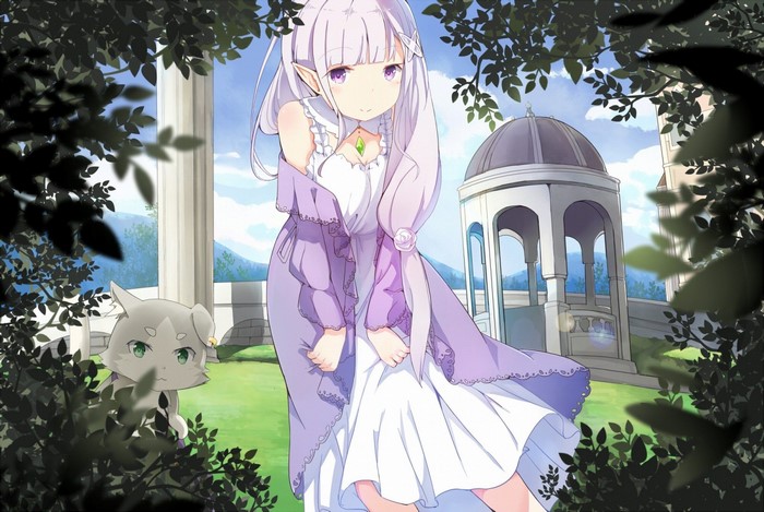 Emilia and Puck from Re:Zero in a Garden