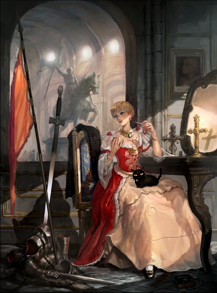 Woman in red and white dress with black cat