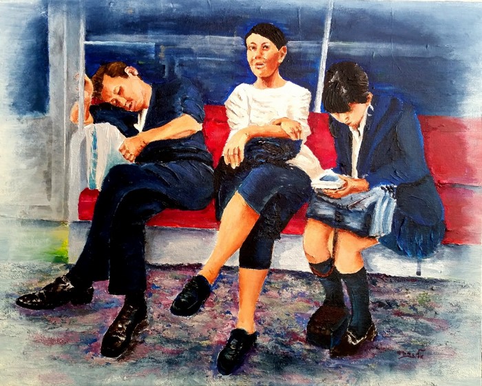 Painting of people sleeping and looking at phones on a train