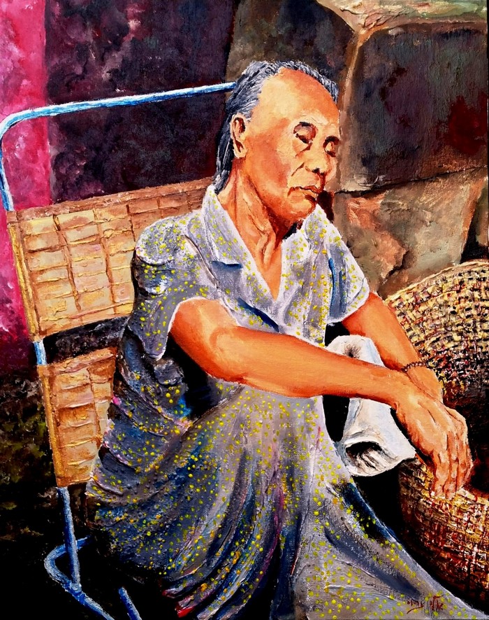 Painting of an elderly person resting in a chair