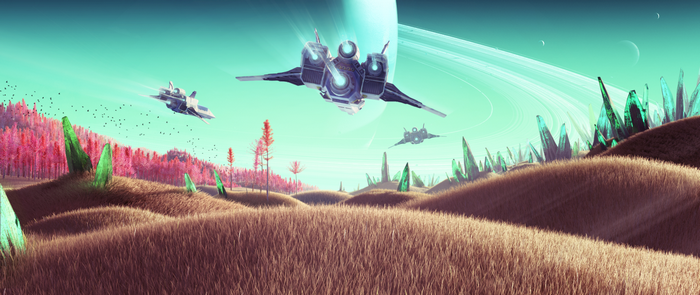 Spaceships flying over alien planet in No Man's Sky