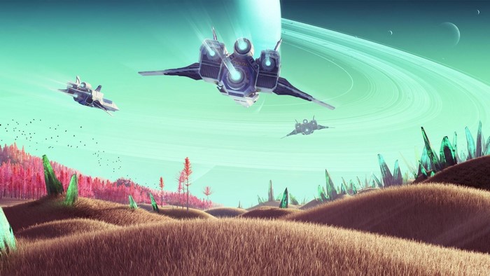 Spaceships flying over alien planet in No Man's Sky