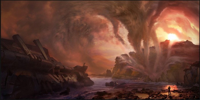 Spaceship wreckage near a massive storm and rocky coast