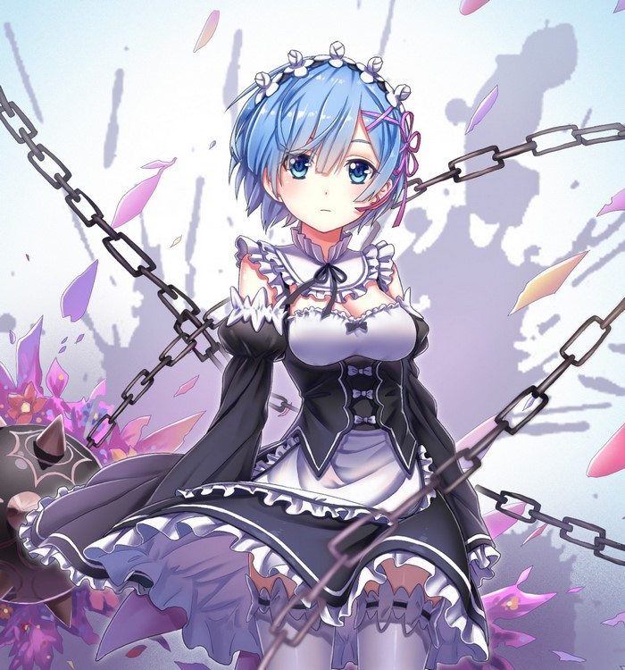 Rem from Re:Zero, holding a flail