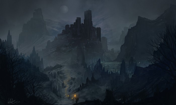 Dark fantasy landscape with castle and moon