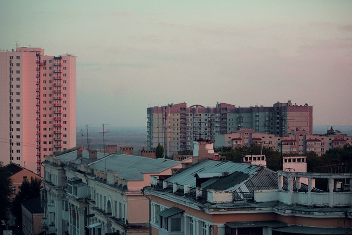 Cityscape with apartment buildings at dusk