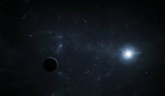 Planets and meteors in a dark galaxy with a bright nebula