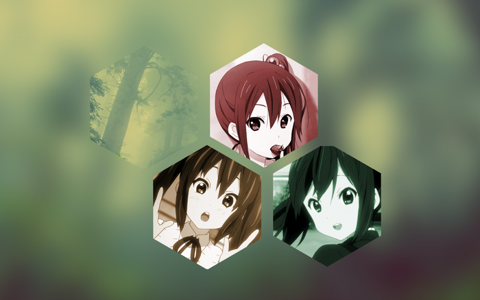 Anime characters in hexagonal frames with forest background