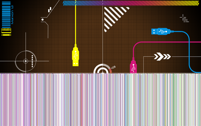 Abstract digital art with USB cables and circuit board elements